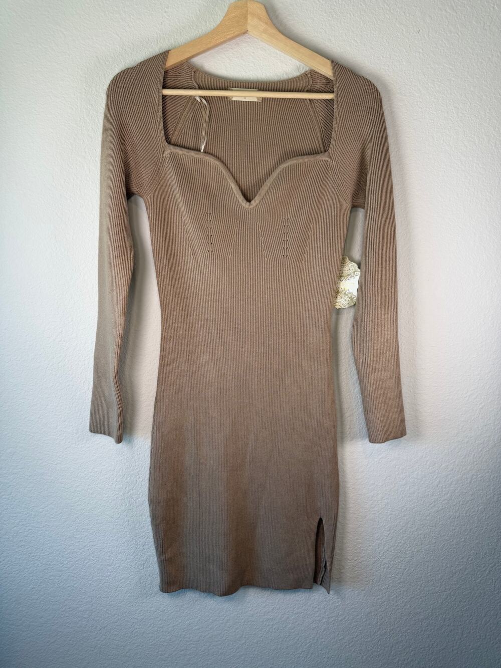 Altar'd State Eve Sweater Dress NWT Taupe Ribbed Sweetheart Neck Slit Womens M